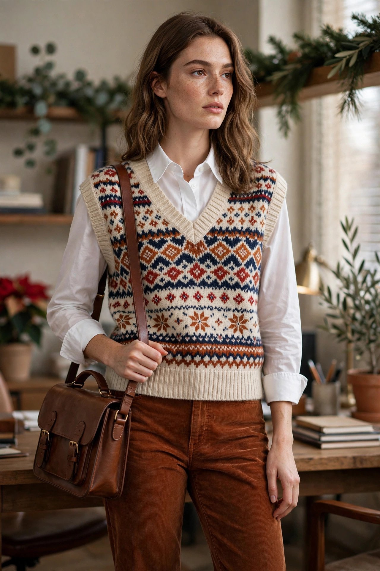 Fair Isle sweater vest over white button-down shirt with rust corduroy pants and loafers