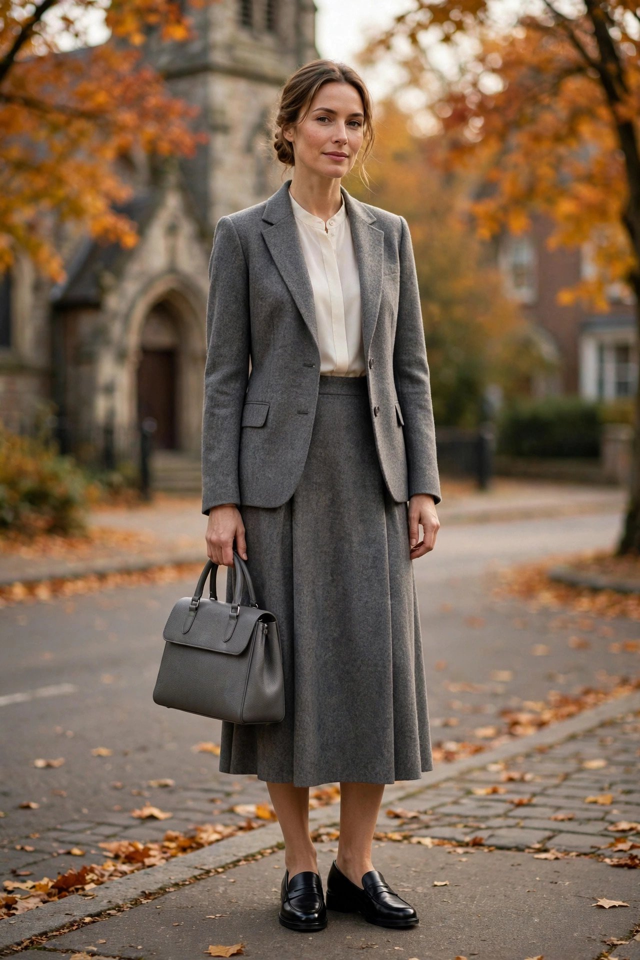 Woman in a grey wool blazer and midi skirt set with a cream blouse and loafers