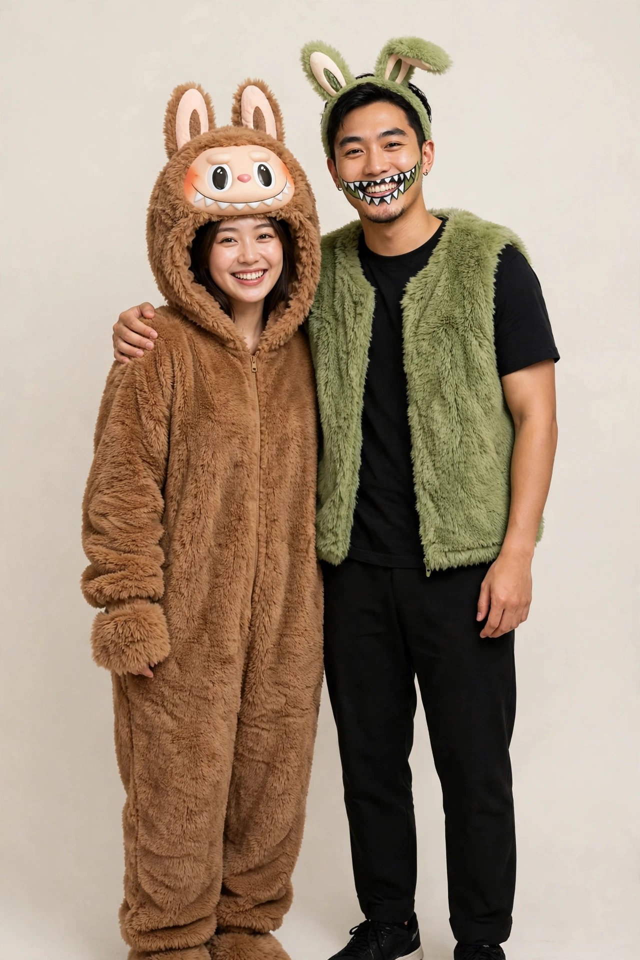 Couple dressed as Labubu characters in matching fluffy monster costumes with bunny ears