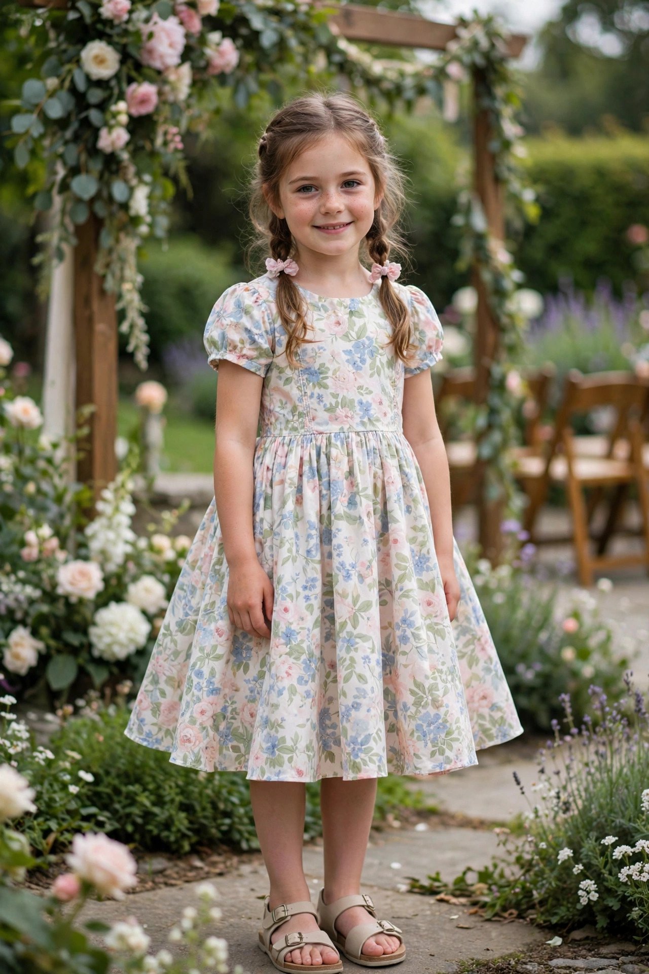 Young girl wearing a pastel floral print junior guest dress with twirl-friendly skirt and sandals