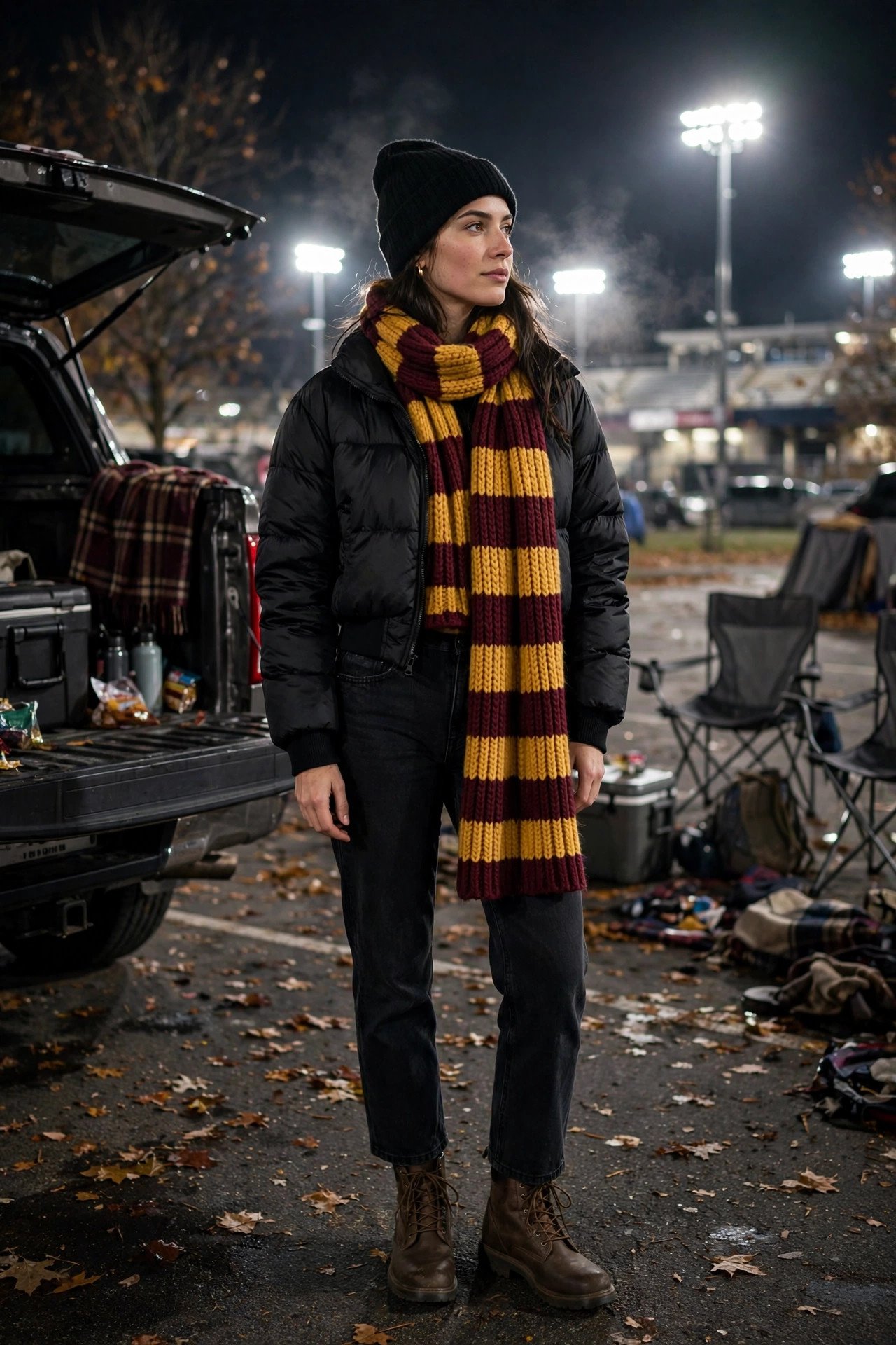 Woman in a black cropped puffer jacket with a maroon team scarf and black beanie, jeans and lace-up boots