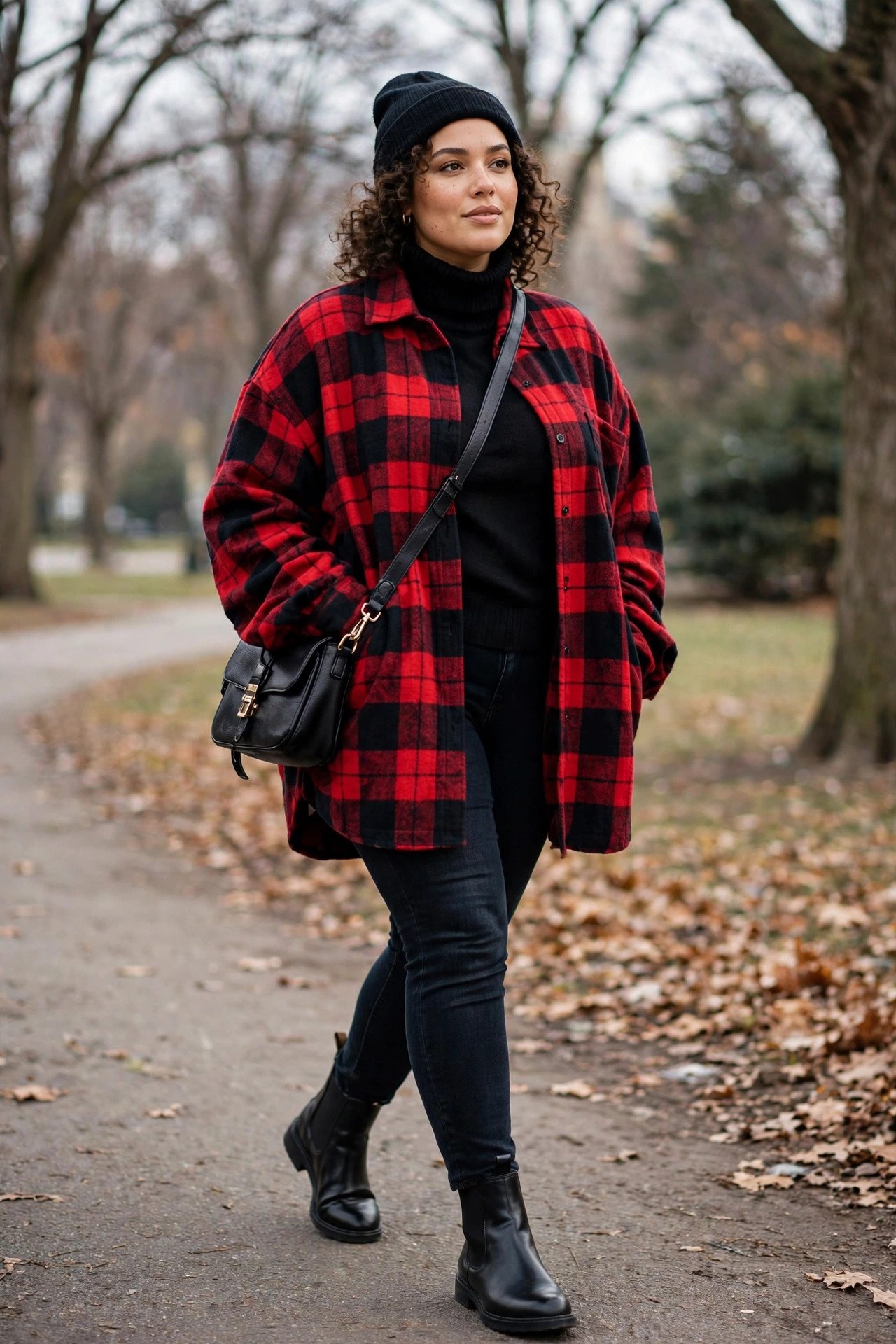 Plus-size woman in red plaid shacket with black turtleneck and dark skinny jeans