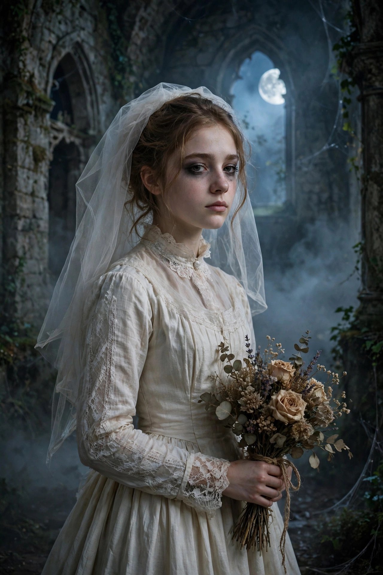 Ghostly Victorian bride Halloween costume for teen girls with white dress and veil