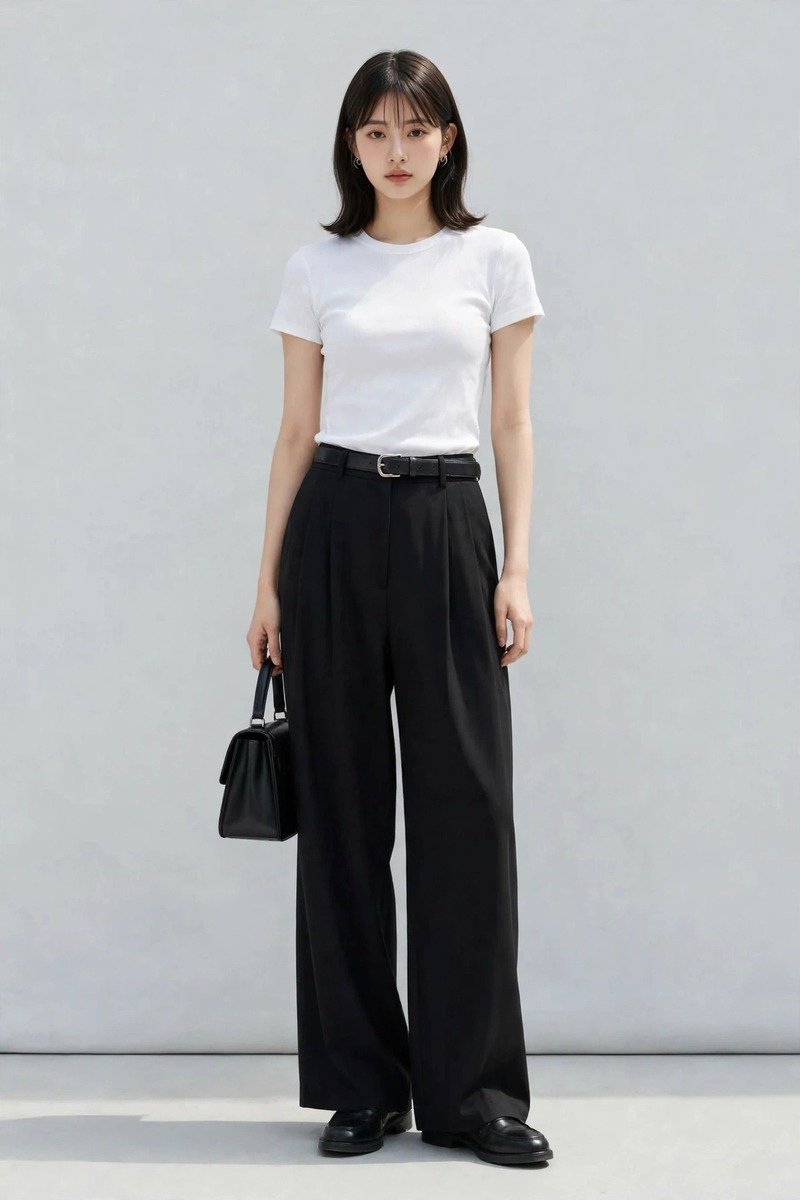 White baby tee tucked into black wide-leg trousers, minimal monochrome acubi outfit