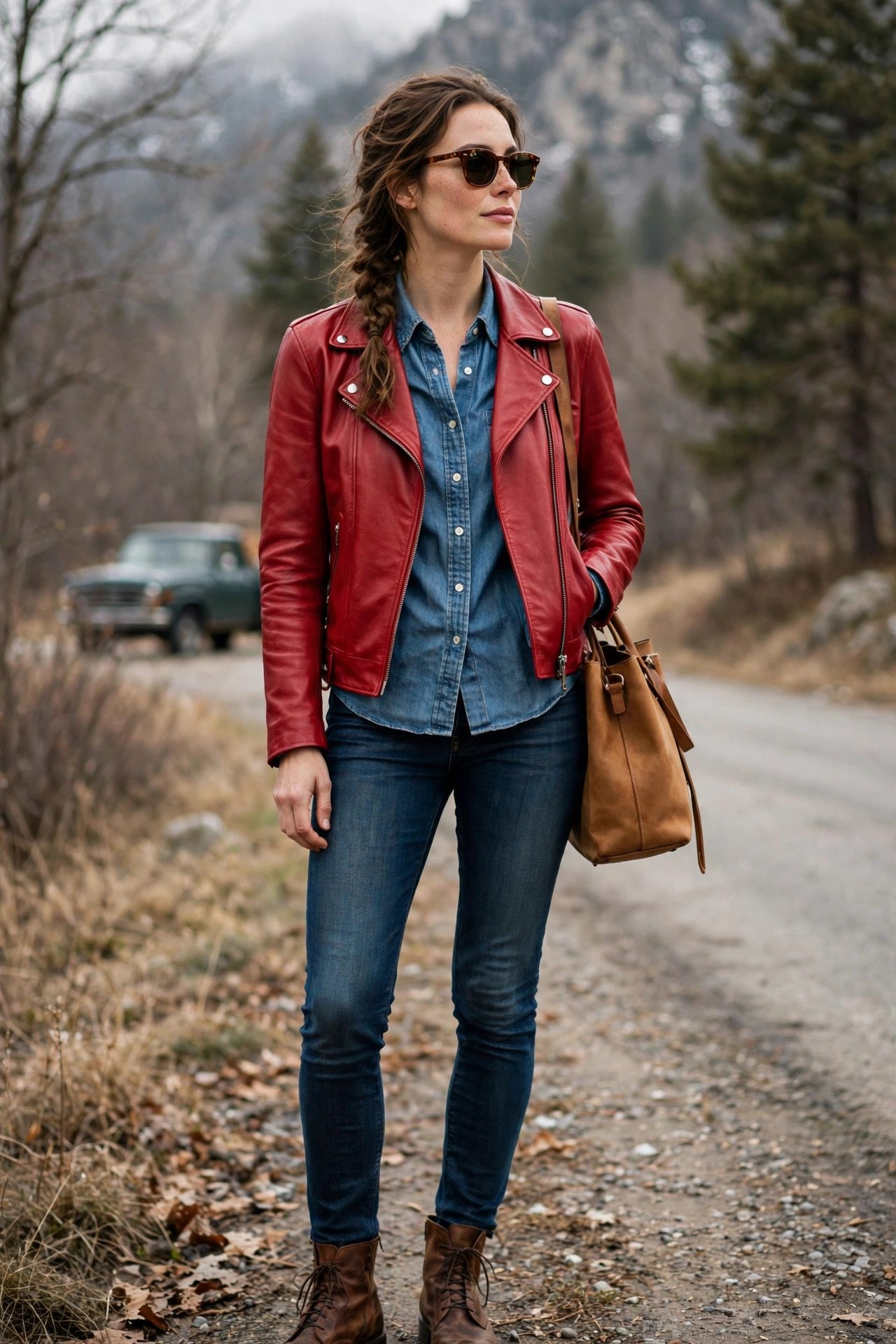Woman in red leather jacket with chambray shirt and dark jeans
