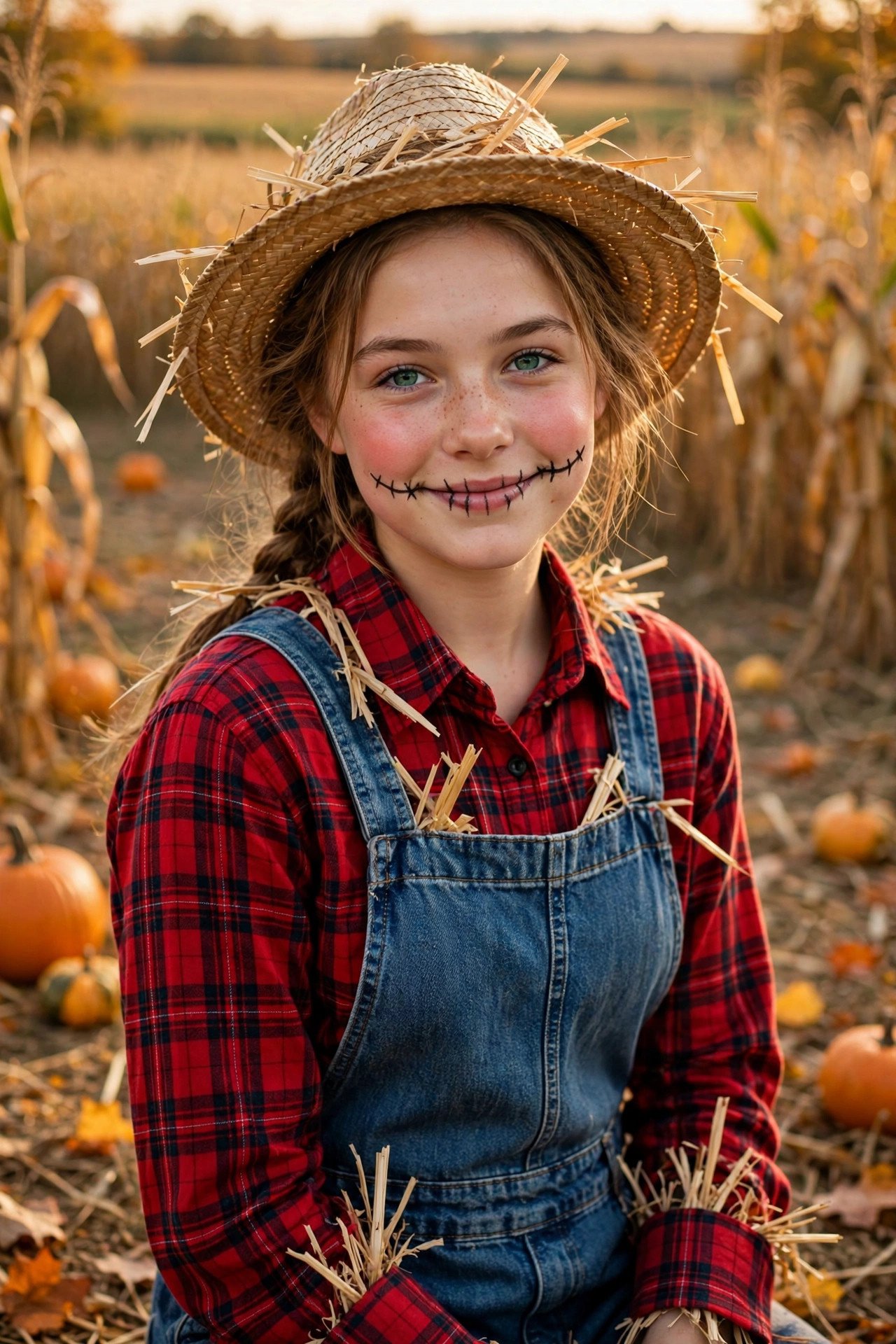 Scarecrow Halloween costume for teen girls with overalls, plaid shirt and straw hat