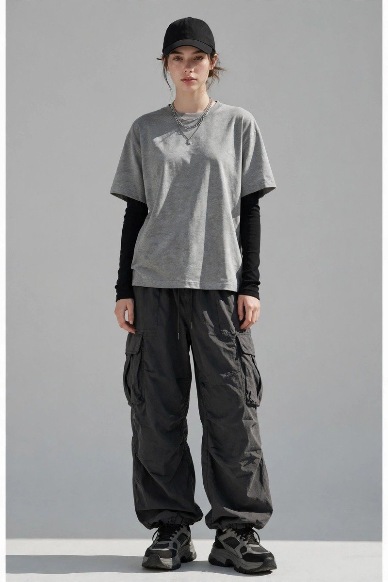 Layered black long-sleeve under an oversized grey tee with charcoal cargo pants