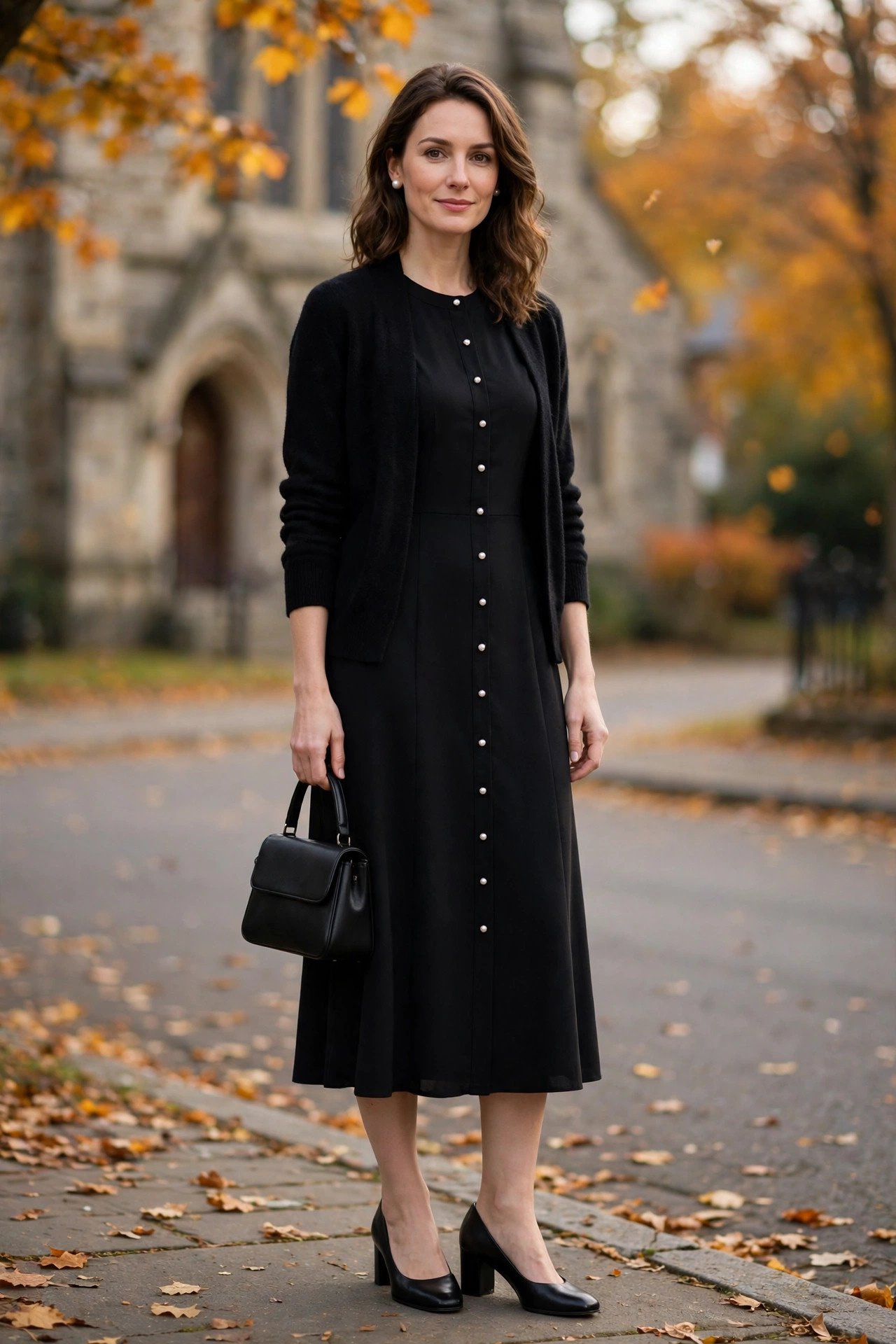 Woman in a black midi dress with pearl buttons and low block heels