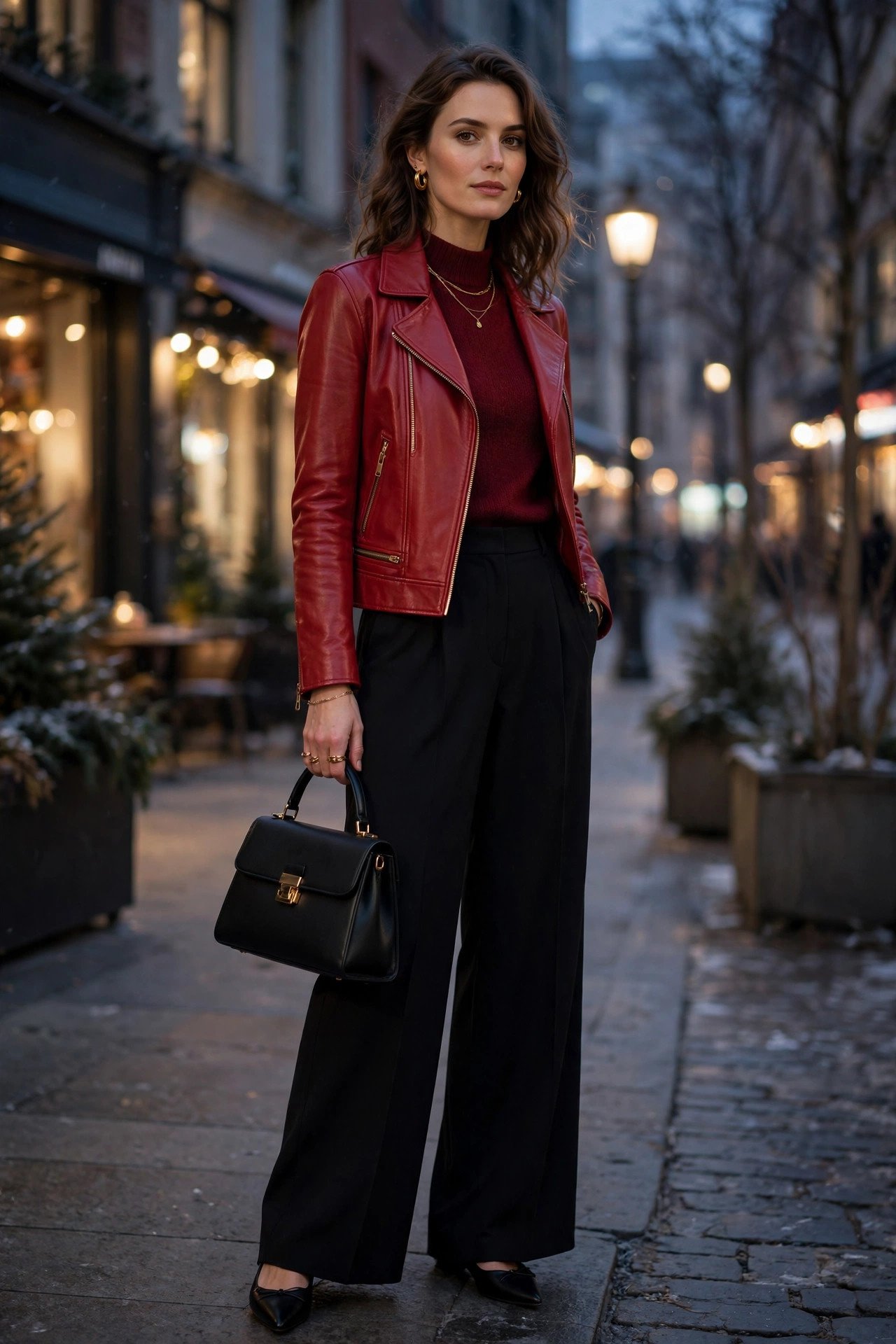 Woman in red leather jacket with burgundy sweater and black wide-leg trousers