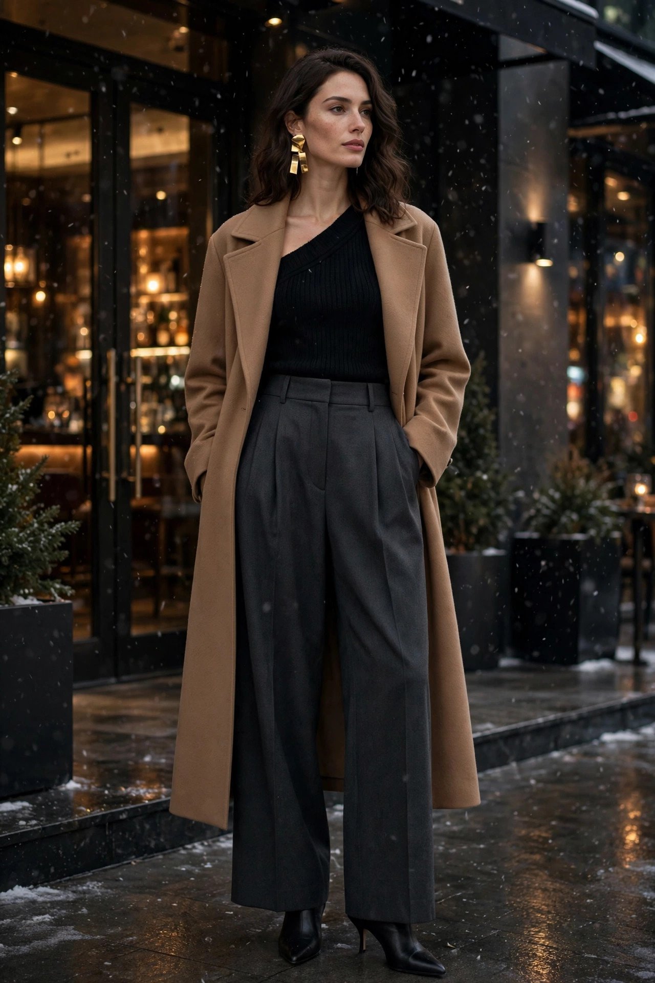 Black one-shoulder knit top with wide-leg charcoal trousers, heeled boots, and camel coat