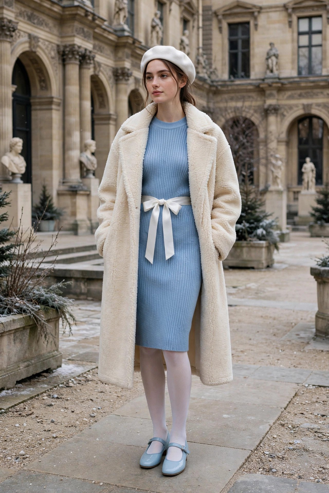 Baby-blue sweater dress with a white satin ribbon belt and white beret