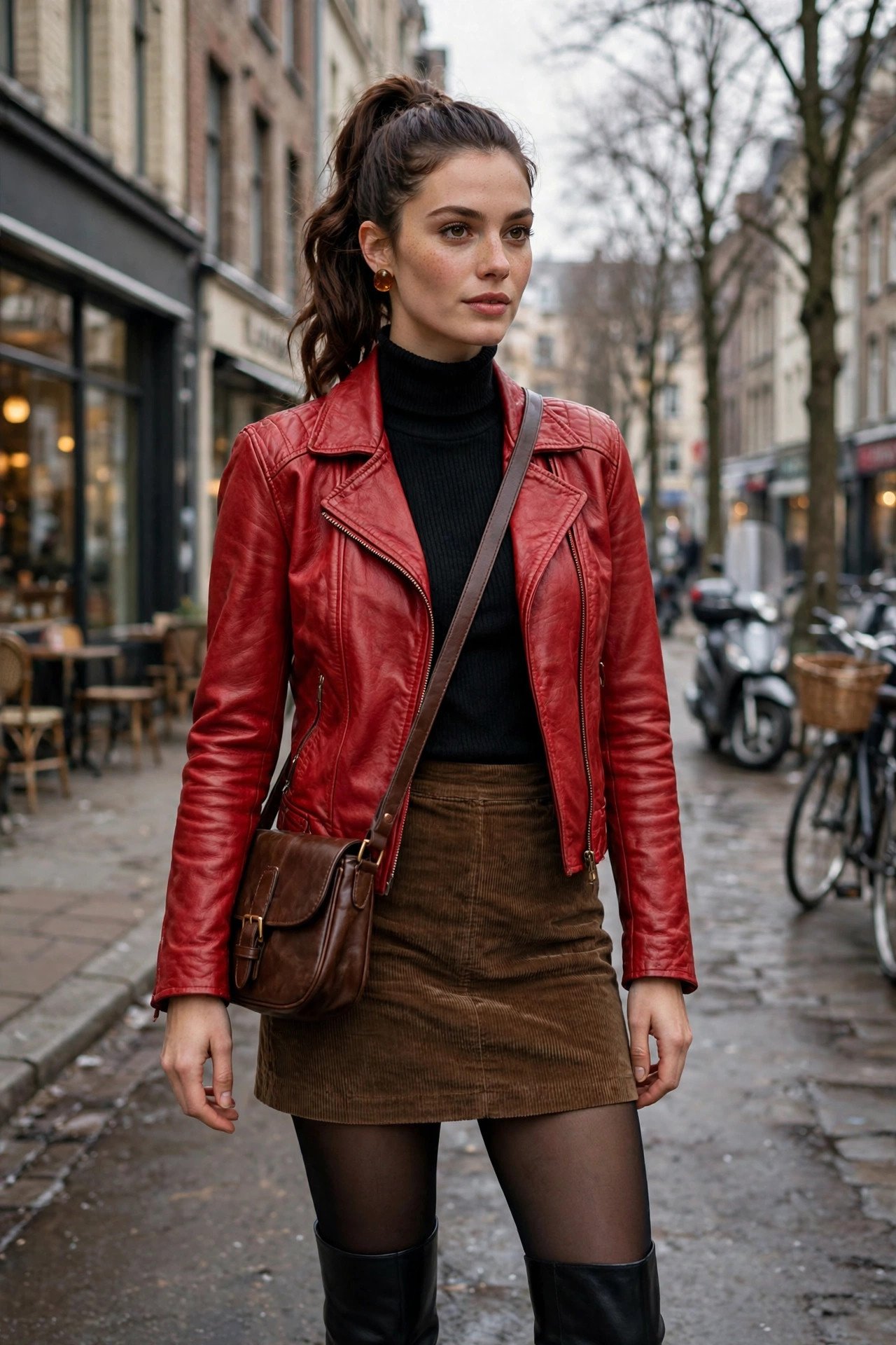Woman in red leather jacket with brown corduroy mini skirt and knee-high boots