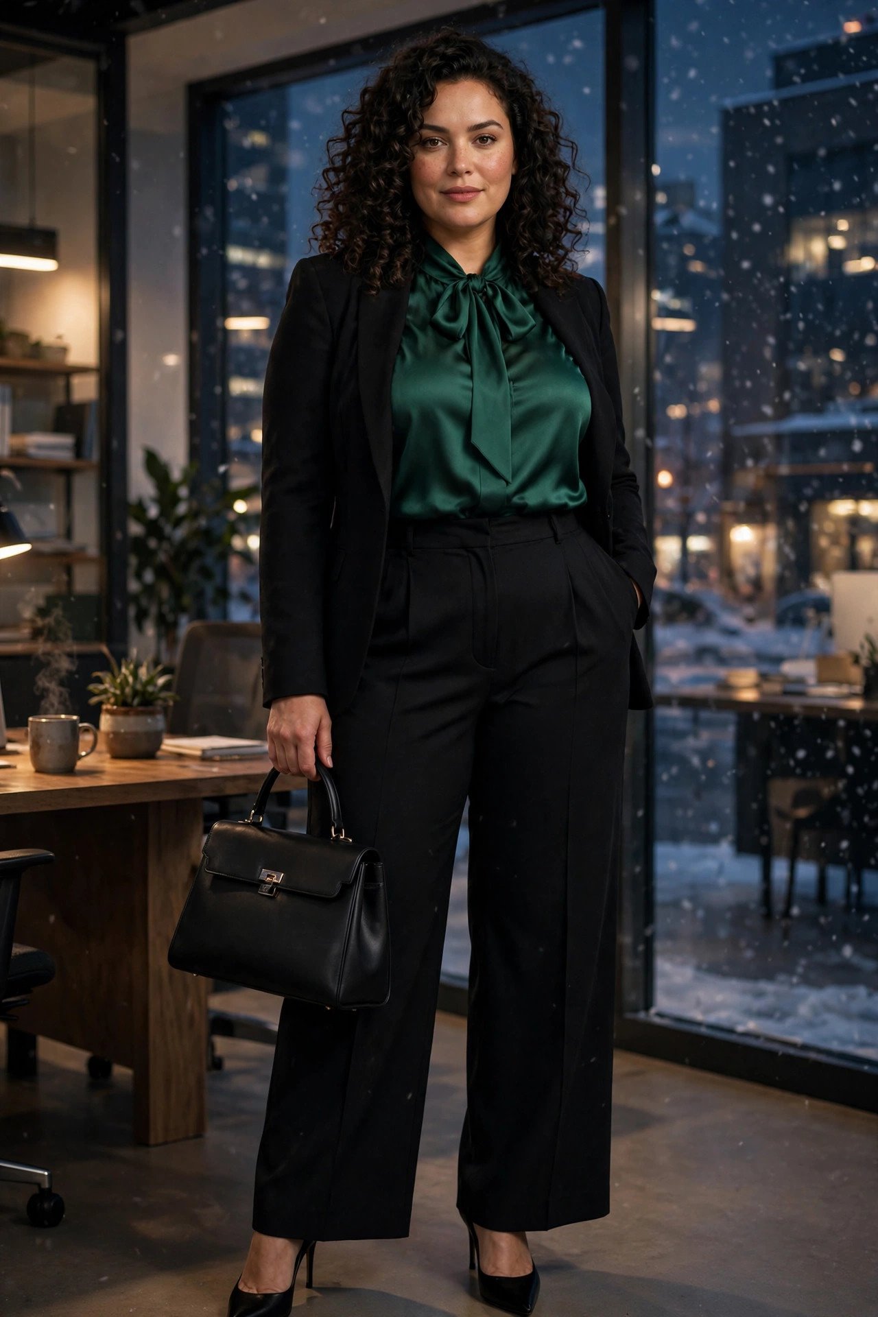 Plus-size woman in emerald satin pussybow blouse with black tailored trousers