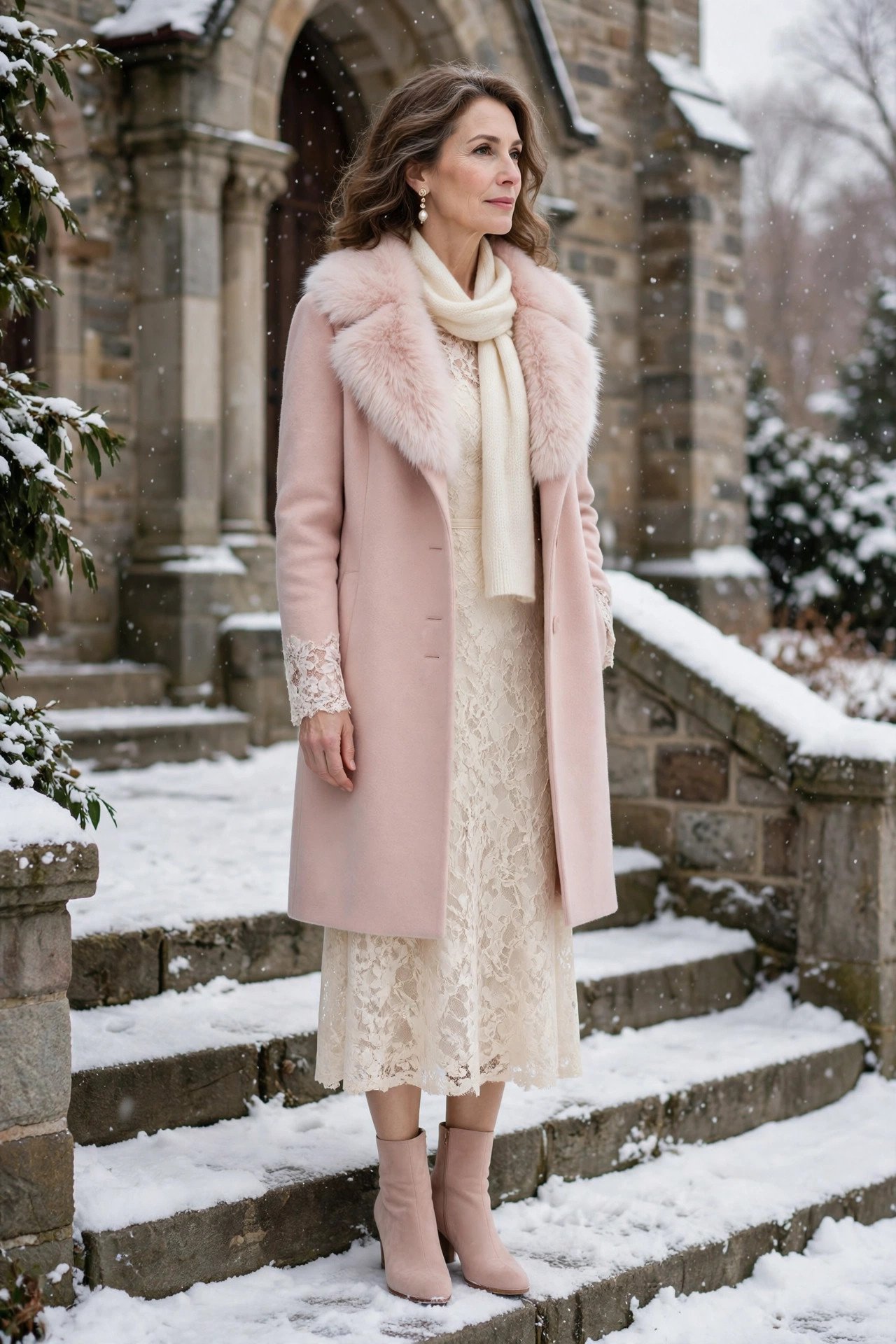 Cream lace midi dress with a blush wool coat with faux-fur collar