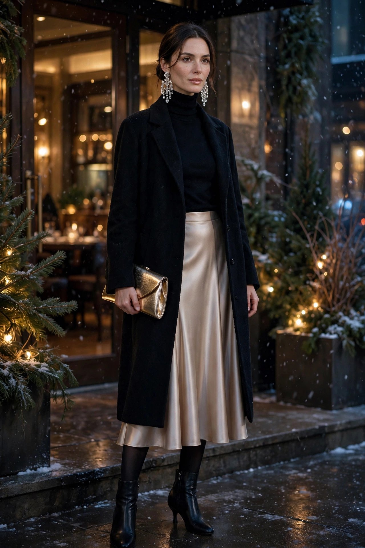 Champagne satin midi skirt with black turtleneck, longline wool coat, and chandelier earrings